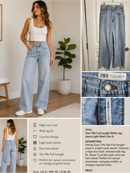 Zara Denim - Zara 90s Full Length Wide Leg Jeans Light Wash Size 8